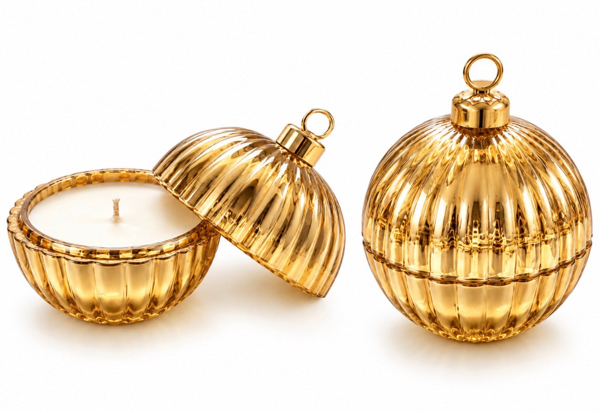 Luxury Gold Ribbed Glass Bauble Candle - Yuletide Spice Scent 20cl/200g