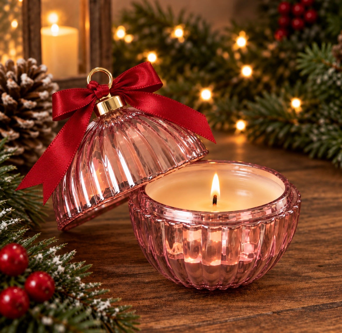 Luxury Pink Blush Ribbed Glass Bauble Candle - Jingle Bell Berry Scent 20cl/200g
