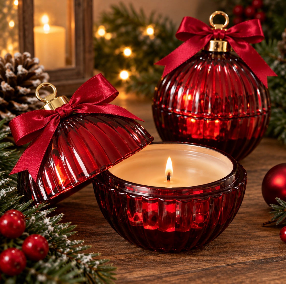Luxury Red Ribbed Glass Bauble Candle - Crimson Cranberry Scent 20cl/200g
