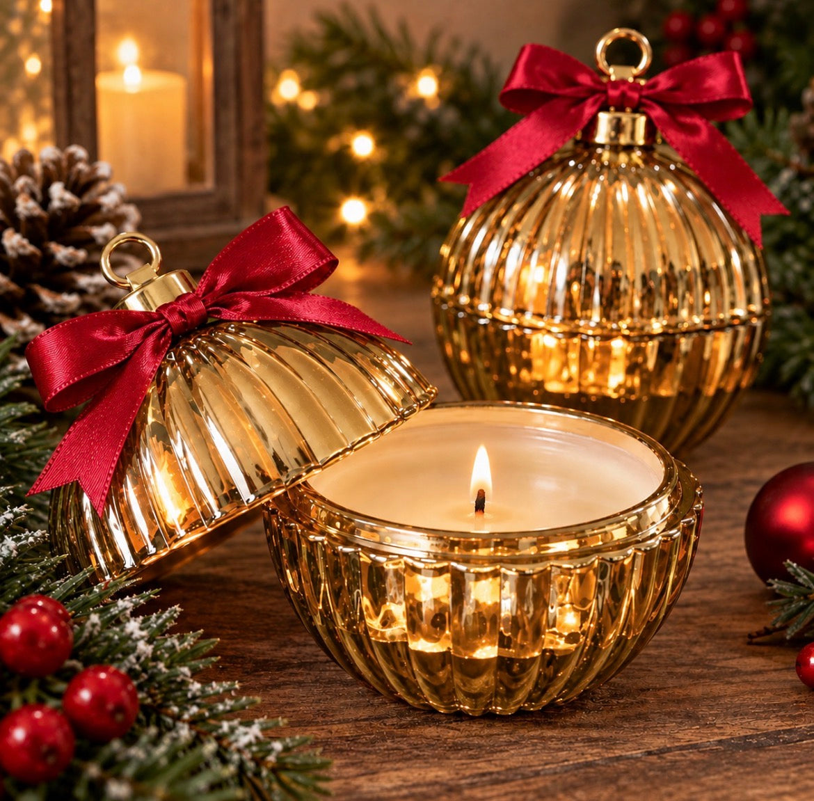 Luxury Gold Ribbed Glass Bauble Candle - Yuletide Spice Scent 20cl/200g