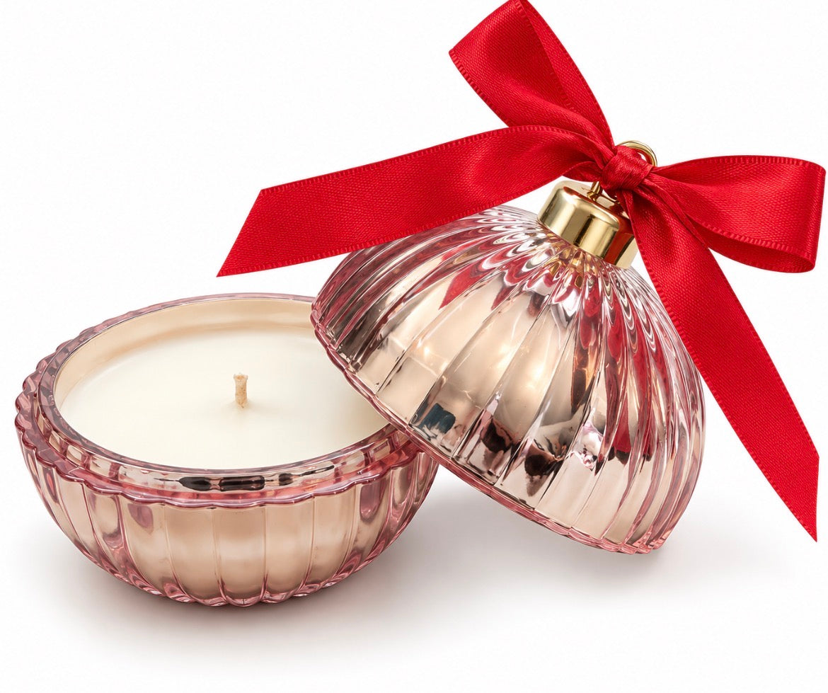 Luxury Pink Blush Ribbed Glass Bauble Candle - Jingle Bell Berry Scent 20cl/200g