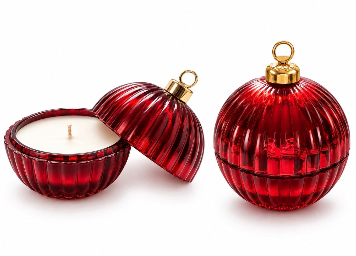 Luxury Red Ribbed Glass Bauble Candle - Crimson Cranberry Scent 20cl/200g